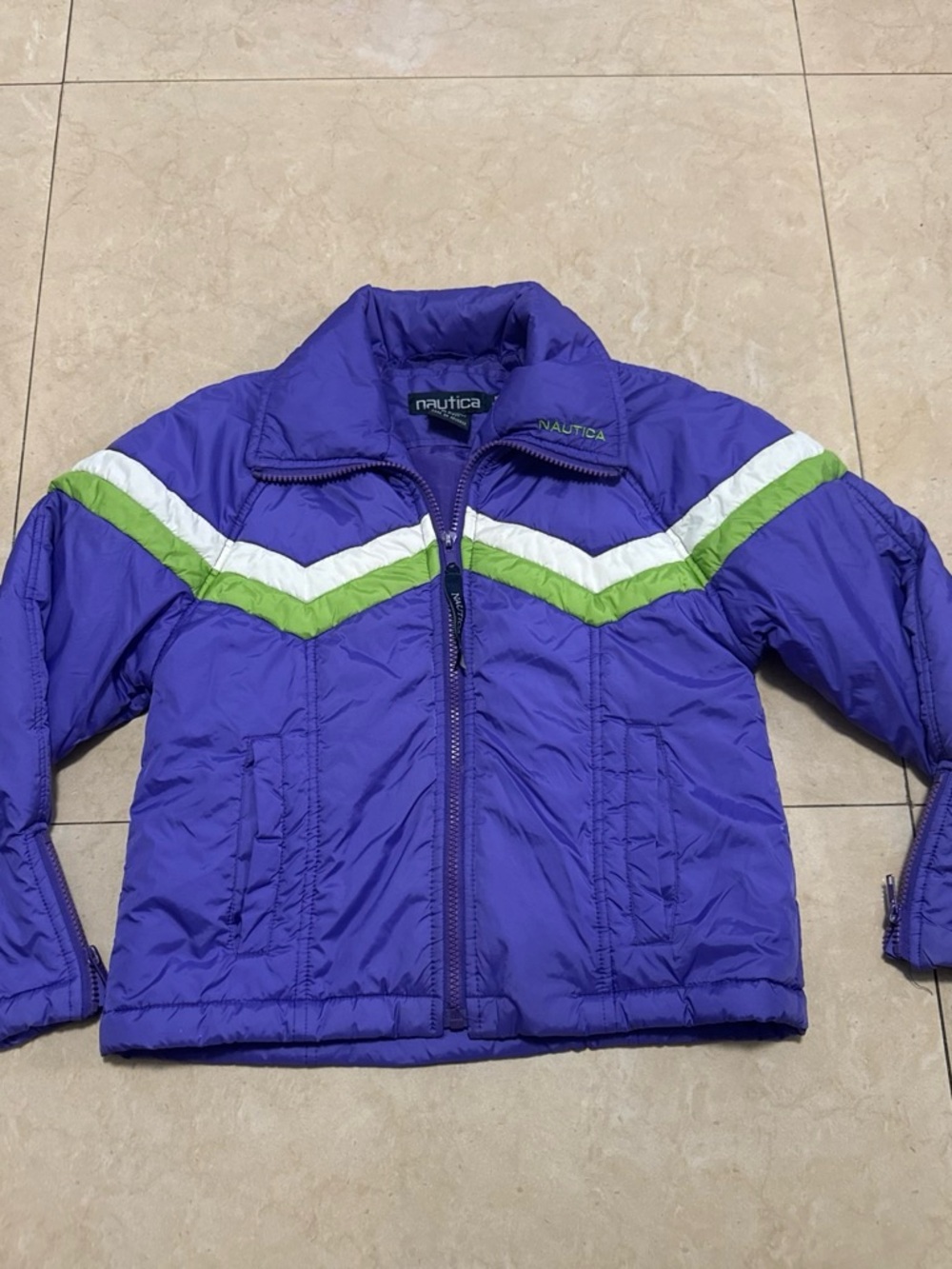 Nautica Kids Purple Chevron Puffer Jacket with White & Green Stripes